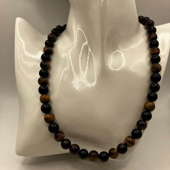 Men's Tiger Eye and Obsidian Genuine Gemstones 18.5 inch Choker Handmade NEW - Picture 8 of 13